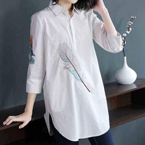トップス シャツ 白シャツ ロング丈 袖あり 7分袖 前開き かわいい 人い きれいめ シンプル