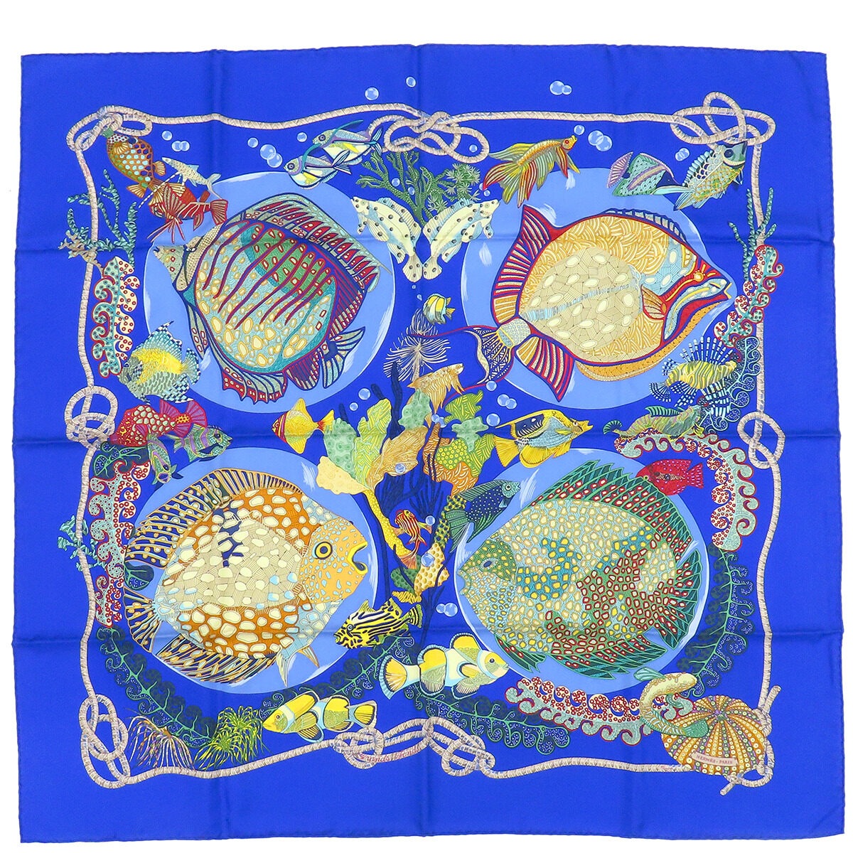 エルメス スカーフ カレ90 CARRE シルク ブルー×マルチカラー 青 【GRANDS FONDS/深海】　 【箱】【中古】