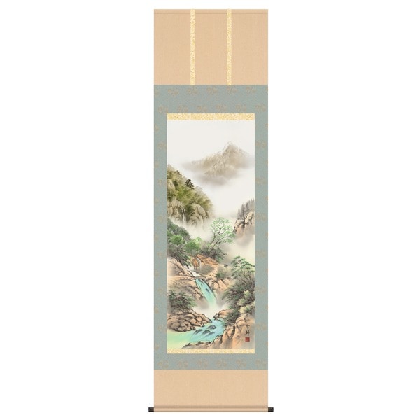 掛け軸 長さ約1884mm 中山雪邨 掛軸 尺五 「彩色山水」 桐箱入り 日本製 掛軸