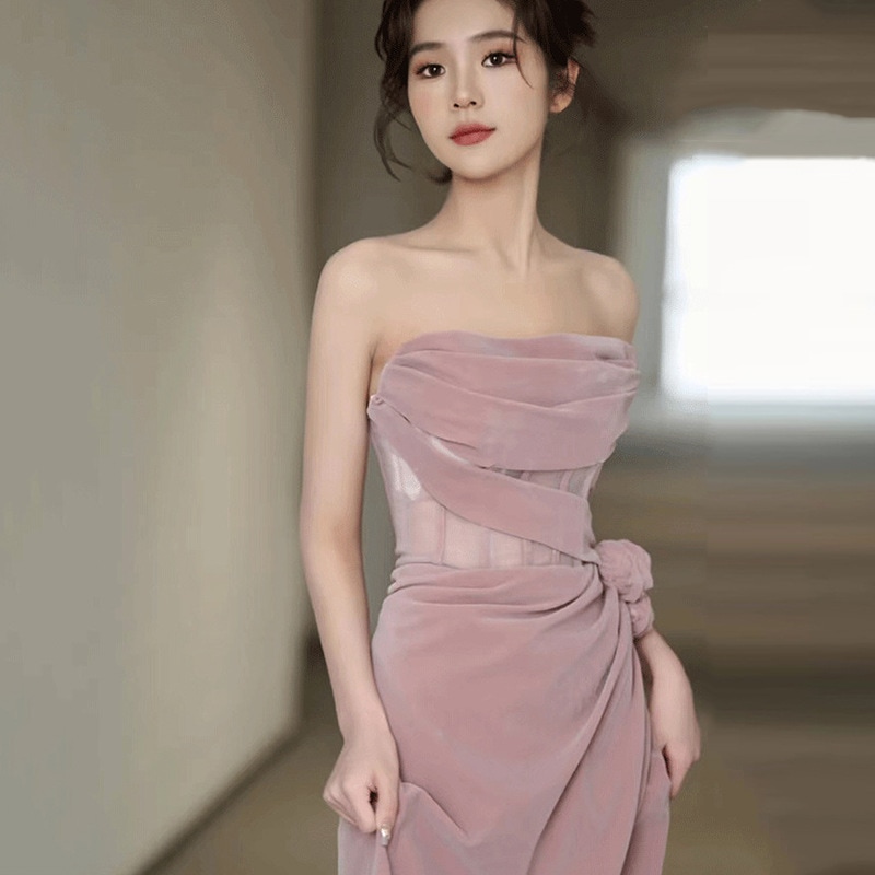 ピンクのドレッシングガウン豪華セクシーストラップレスロングスリット宴会ドレス女性花嫁婚約ドレス 6,489円