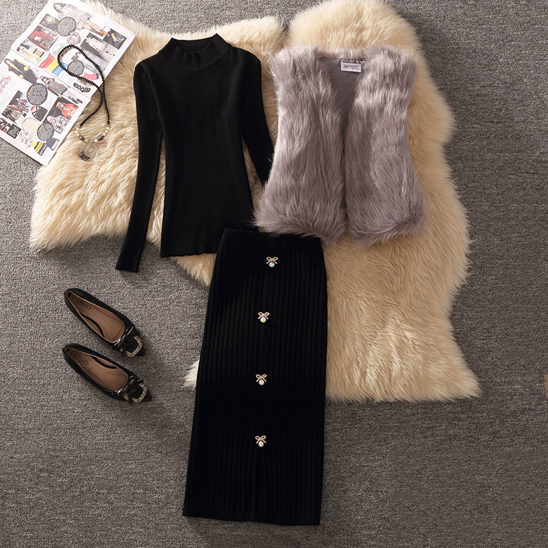 三点セット 秋 フェイクファー ベスト +ニット セーター+プリーツスカート 着痩せ セット