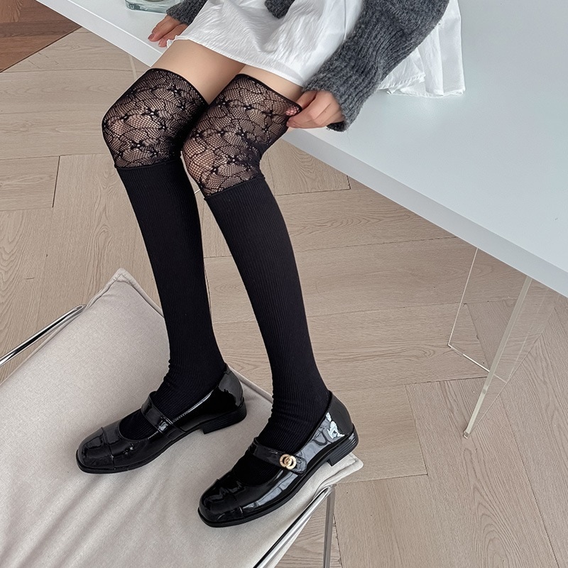 ソックス 美拉德过膝袜女春秋薄款性感蕾丝花边拼接长袜纯色大腿袜配过膝靴