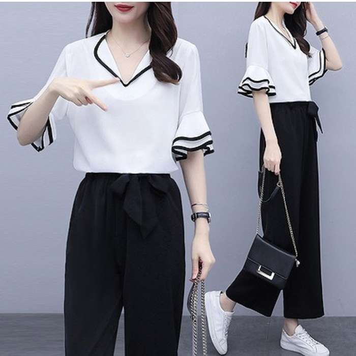 夏新作大きいサイズレディース上下セットセットアップシャツパンツフレアスリーブ5XL4XL