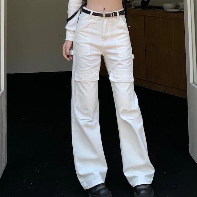 パンツ カーゴパンツ ワイド ストレート ハイウエスト 脚長効果 美脚効果 細見え 春 白 カジュアル 韓国ファッション レディース お出かけ