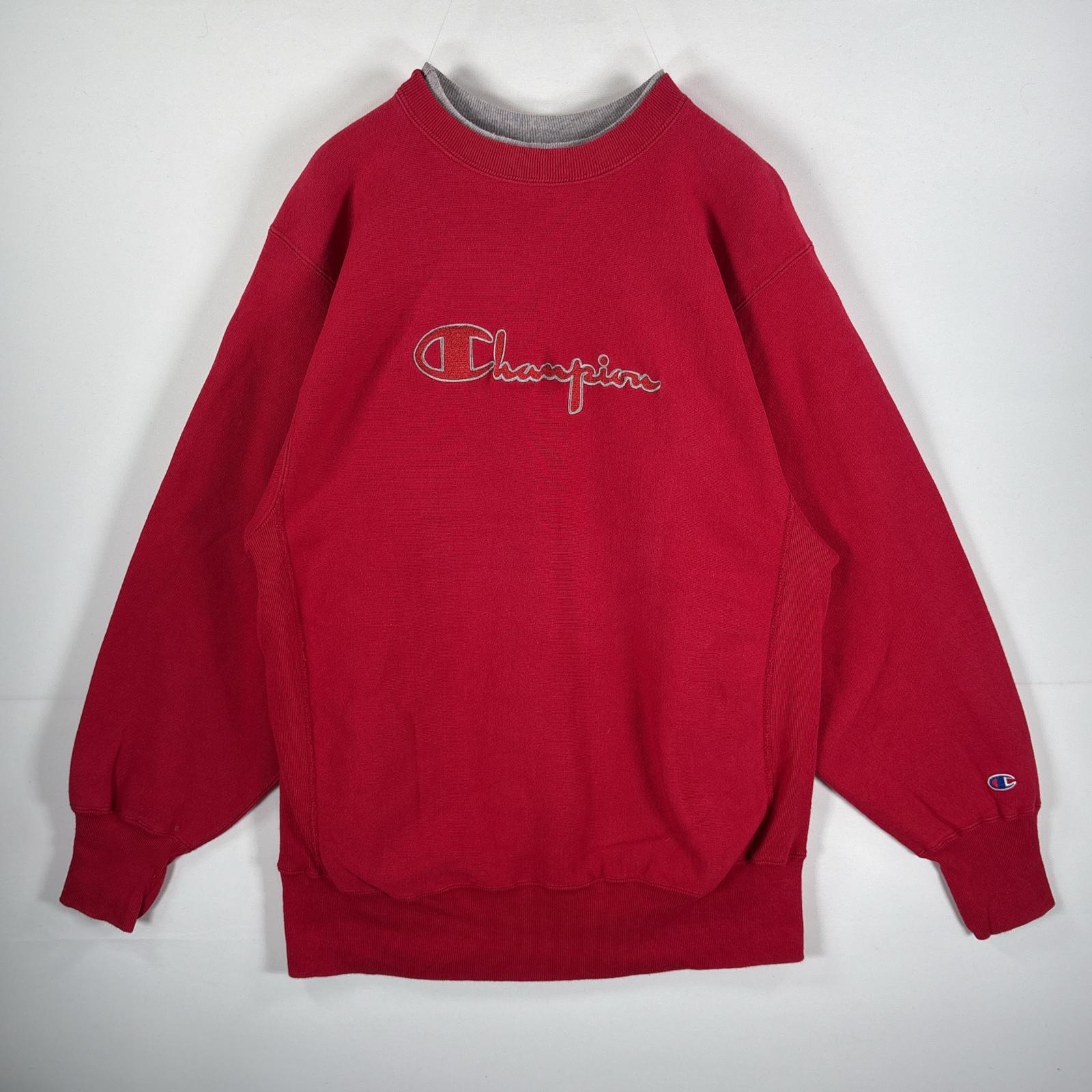 古着 90s/90年代 USA製 スウェット リバースウィーブ 刺繍プリント 首二重リブ XL レッド メンズ