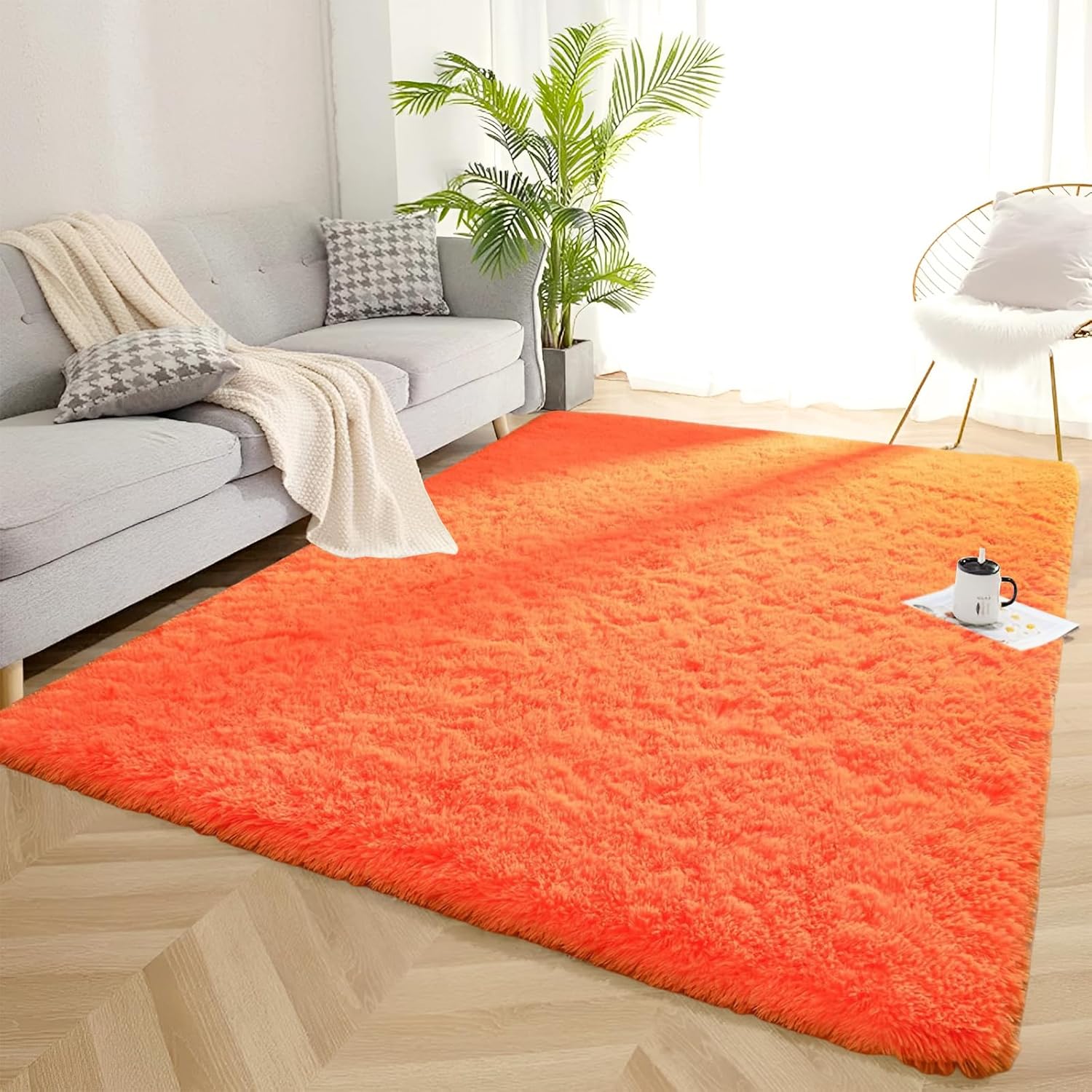 オレンジレッドのカーペットラグ 約3畳 ふわふわ 200×250cm 子供部屋 リビング 寝室用