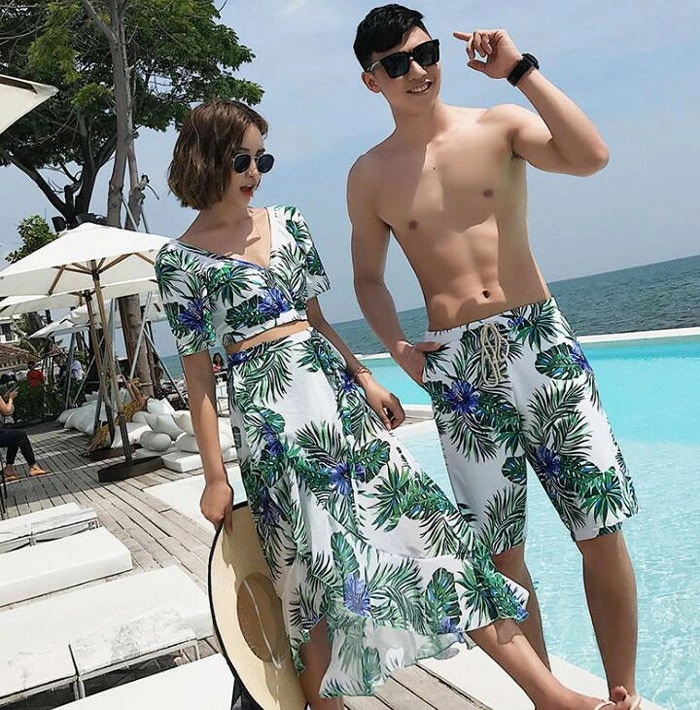 【男女セット】 ペア水着 ペアルック ビキニ タンキニ パンツ カップル ペアルック ペア カップル 水着 4点セット セパレート セットアップ サーフパンツ ペアお揃い 半袖 レディース メンズ カ