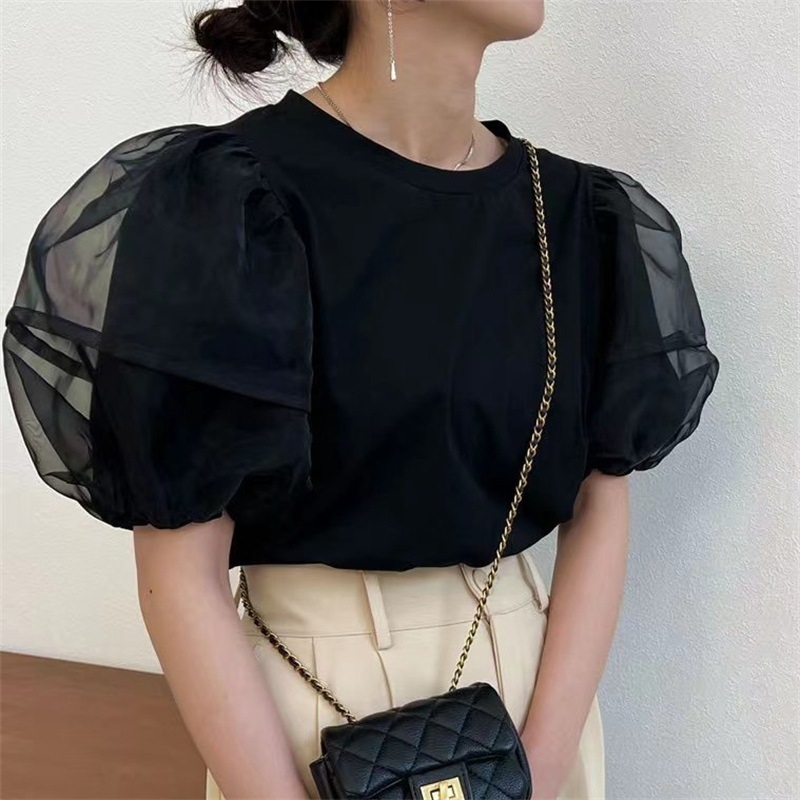 カットソー パフスリーブ 黒 白 透け感 シースルー 韓国 レディース オルチャン トップス 白シャツ 白トップス 袖あり 半袖 ボリューム袖 ラウンドネック ふわふわ かわいい 大人可愛い
