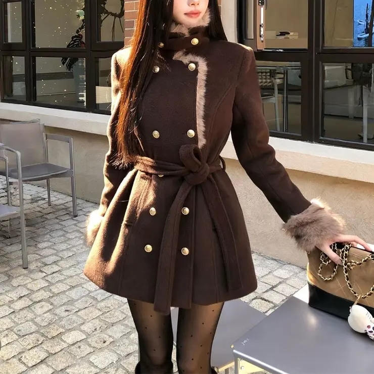 甘辛系ガールズウエストリボン付き シェイプシルエットダブルブレスト ウールコート