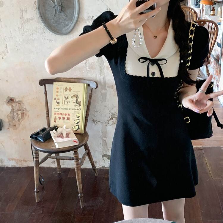 レディース ワンピース ドレス ショート 半袖 襟付き Aライン ハイウエスト 大人可愛い きれいめ 上品 おしゃれ かっこいい レトロ ラフ ガーリー クール エレガント 存在感 フォーマル 都会的