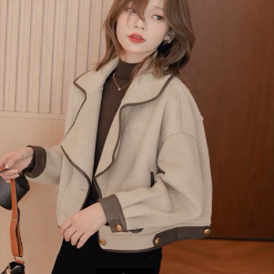 アウター ショートコート ジャケット 羽織り 2色 ショート ショート丈 袖あり 長袖 Vネック フレア Aライン 無地 バイカラー ウール かわいい 大人可愛い シンプル カジュアル