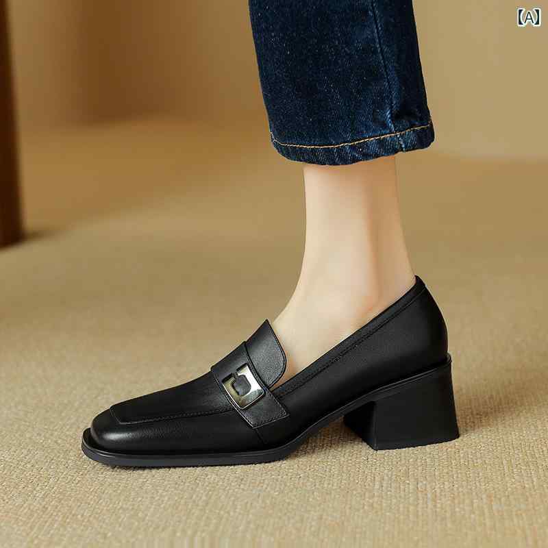 ローファー レディース オフィス 通勤 仕事 最上層 牛革 レトロ 厚かか ディープ マウス 女性 春秋 スクエアトゥ ポリッシュ メタル バックル ソフト ソール シングル シューズ 女性用 10,354円