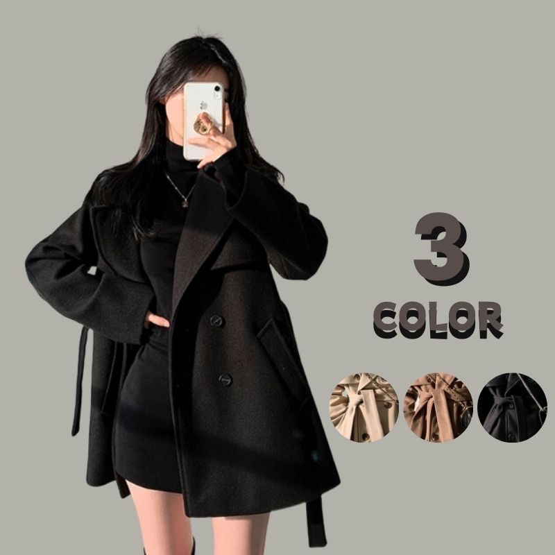 韓国ファッション レディース アウター気質トレンチコート風ベルトウエストツイードコートジャケット 大人っぽチェスターコート