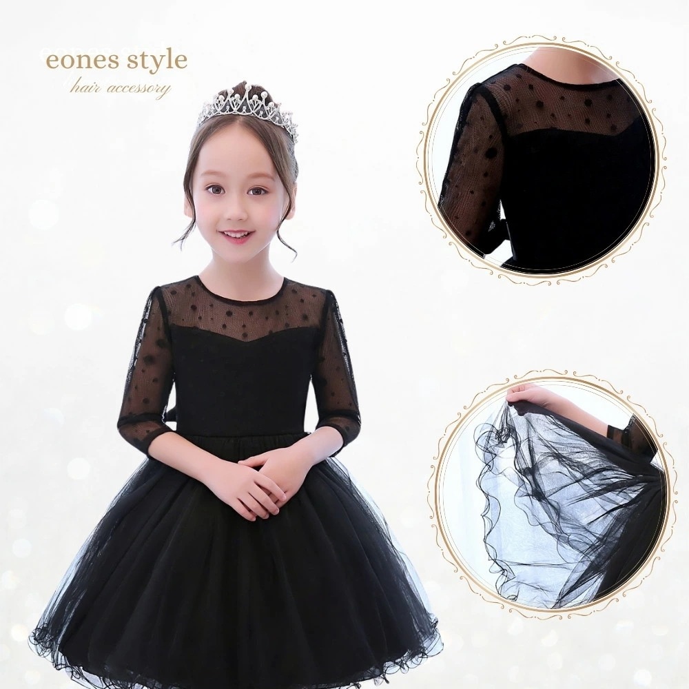 【大好評！最安値挑戦!】子供ドレス フォーマル 子供服 子どもドレス 女子 ワンピース ミニドレス 110 120 130 140 ブラック 黒 5分袖 水玉 ドット 刺繍 シースルー リボン ふんわ