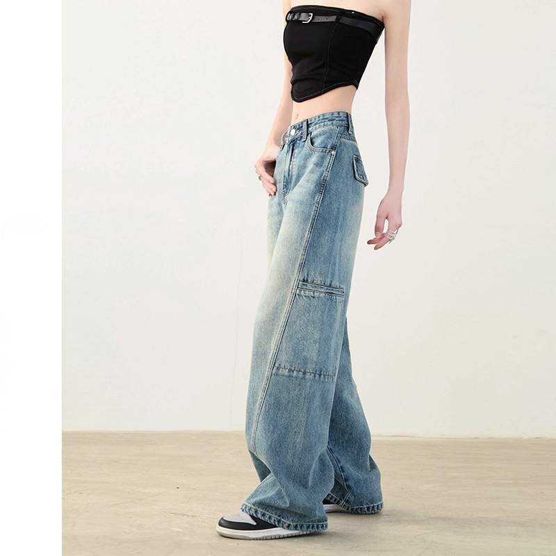 女性用アメリカンワイドレッグワークウェアジーンズスリミングレトロ2024春ドレープルーズフロアレングスモップパンツ