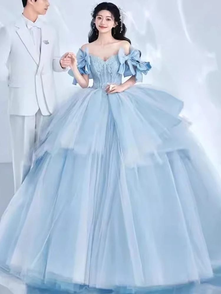 ブループリンセスロリータドレス2025ワンショルダーライトウェディングドレスハイエンド女性冬