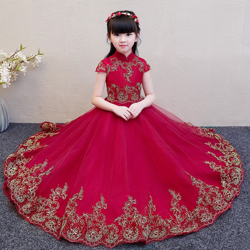 子供ドレス ロングドレス 結婚式 ピアノ発表会 女の子 赤 キッズ フラワーガールドレス 子供 キッ