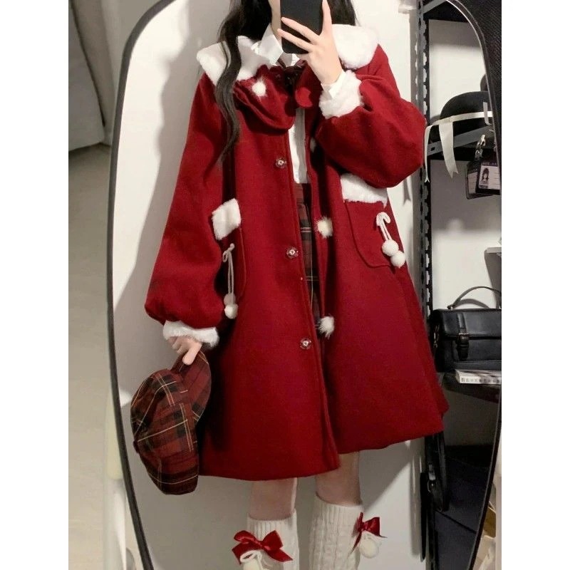 レトロ レディース ツイード 【3日以内出荷】サンタコスプレ 韓国 ins コート 冬 赤 コート クリスマス かわいい 新年 小柄
