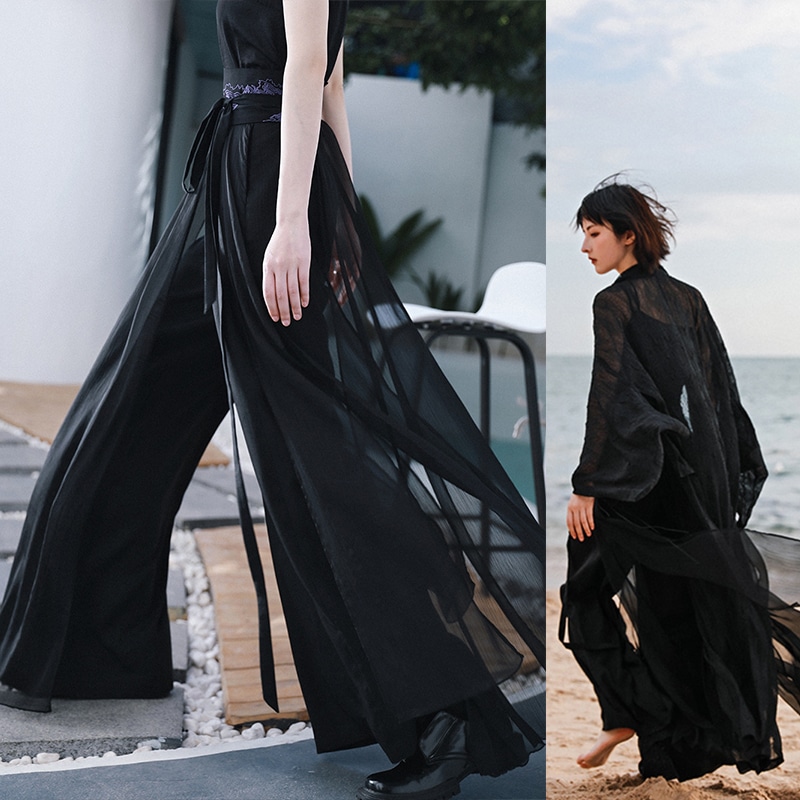 シフォンガウチョパンツ ワイドパンツ レディース キュロットパンツ 春夏 黒 涼しい 飄逸 暗黒風