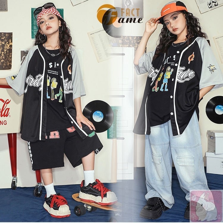ジャズ ダンス衣装 キッズ ダンス ベースボールシャツ ゲームシャツ ヒップホップ ステージ衣装 柄シャツ 半袖 半ズボン 半パンツ ジュニア セットアップ 団体服 演出服 女の子 男の子 派手 子供