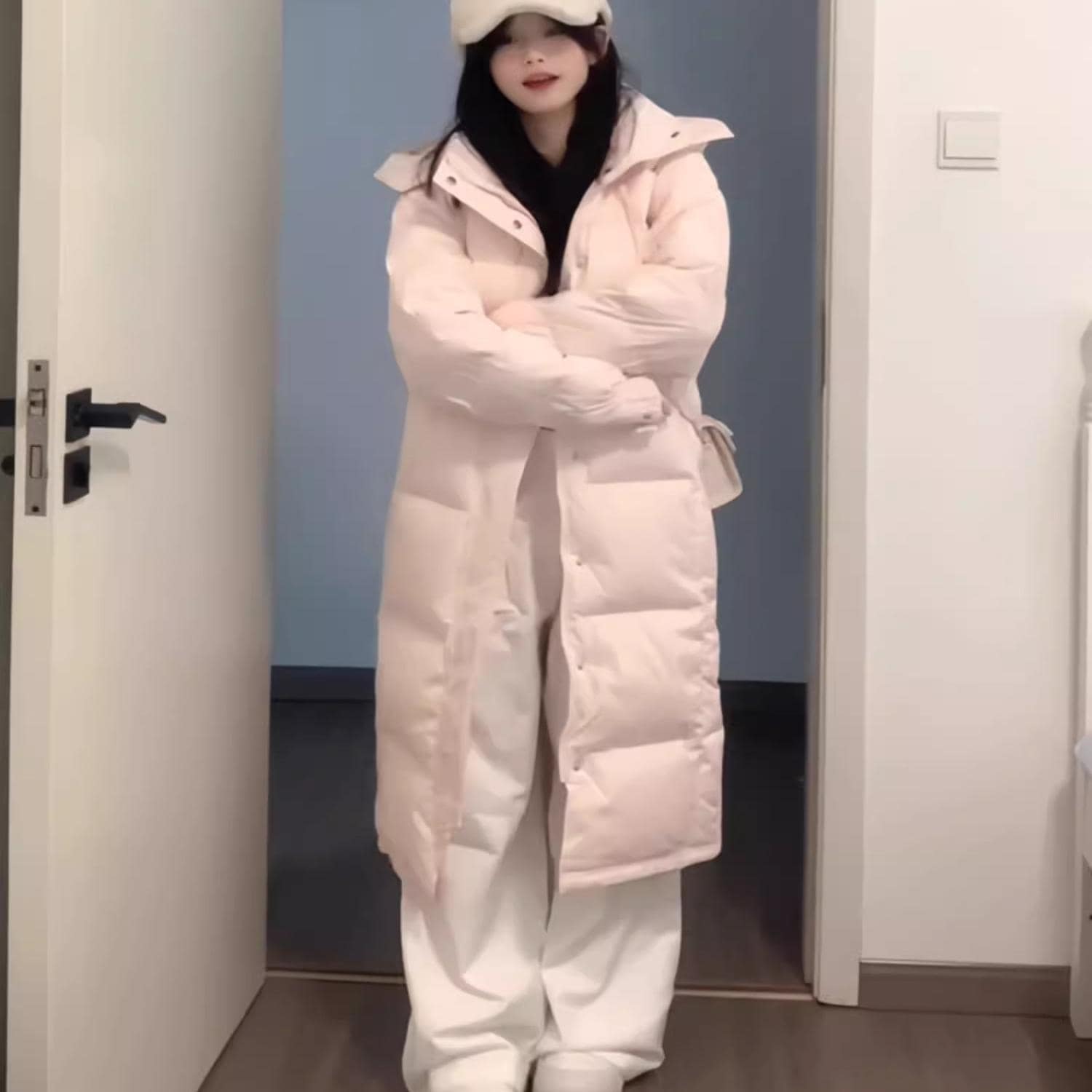 女性用ピンク京劇ロング中綿ジャケット2024冬厚みダウン中綿ジャケット芸術試験膝丈中綿ジャケット