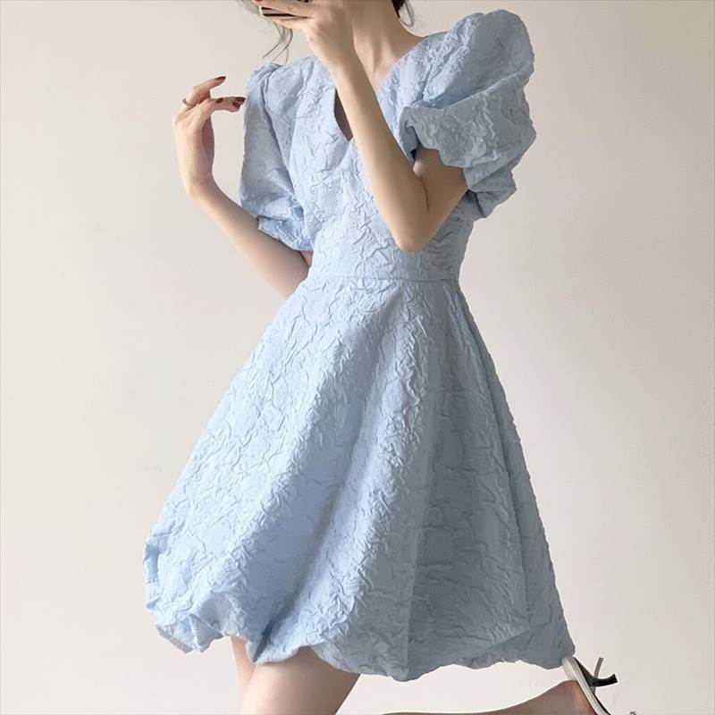 レディース ワンピース ドレス ショート 半袖 パフスリーブ Vネック Aライン ファスナー ハイウエスト 大人可愛い きれいめ 上品 おしゃれ ラフ ガーリー クール エレガント 主役級 存在感 フ