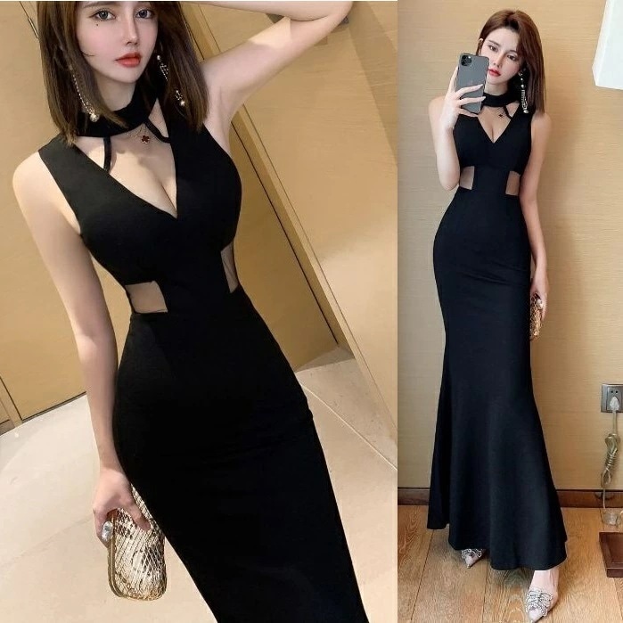 【即納】パーティードレス セクシー タイト マーメイド マーメード ドレス 韓国 ロング 黒 ブラック キャバドレス ナイトドレス レディース ワンピース マーメイドドレス 無地 夏 ノースリーブ 可