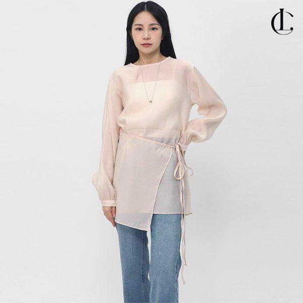 女性用ブラウス シルキーウエストリボン 長袖ラップブラウス LCC001