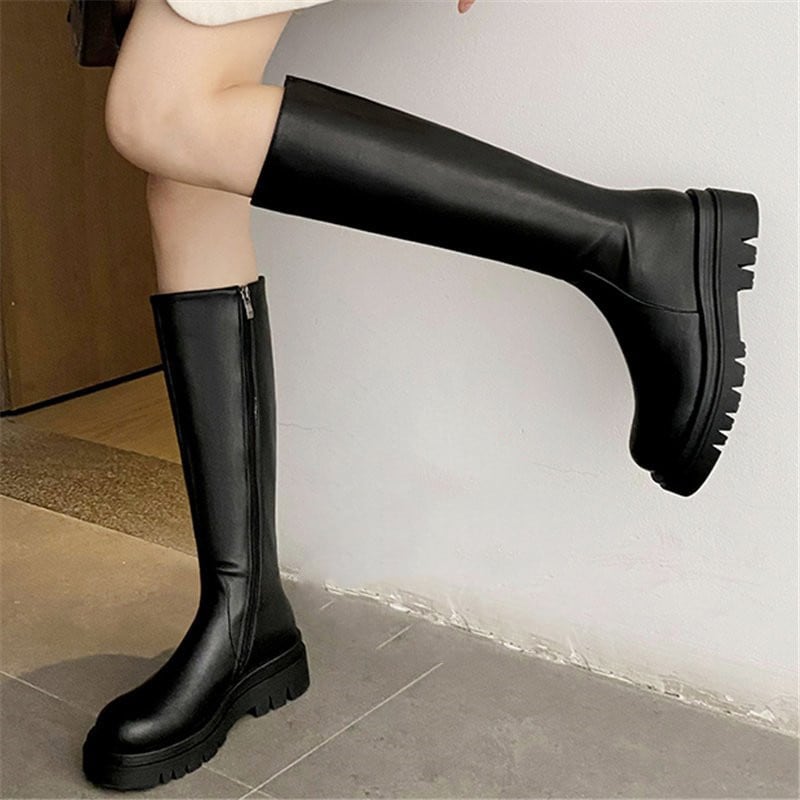 ロングブーツ レディース ジョッキーブーツ厚底 太めヒール 5cmヒール チャンキーヒール PU