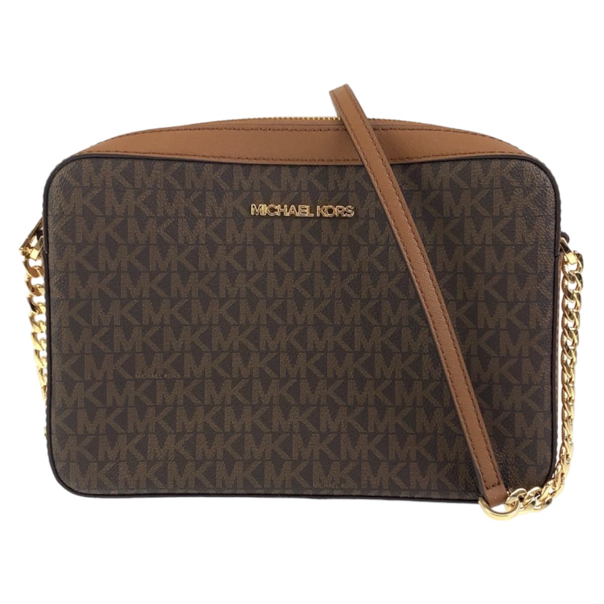 超美品 MKシグネチャー ブラウン ゴールド金具 レザー 斜め掛け ショルダーバッグ ポシェット カメラバッグ レディース 407287