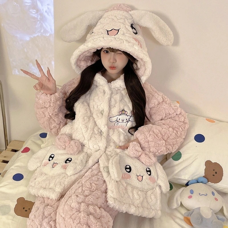 通学 パジャマ女性冬の珊瑚絨毯と厚手の3層綿挟み可愛い玉桂犬フランネルの部屋着セット 保育園 小学部