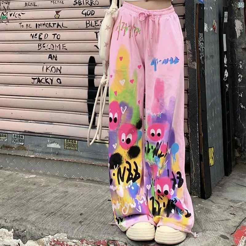 レディースファッション　かわいい　オシャレ　海外 ハイウエスト ドローストリング ワイド レッグ パンツ カジュアル グラフィティ