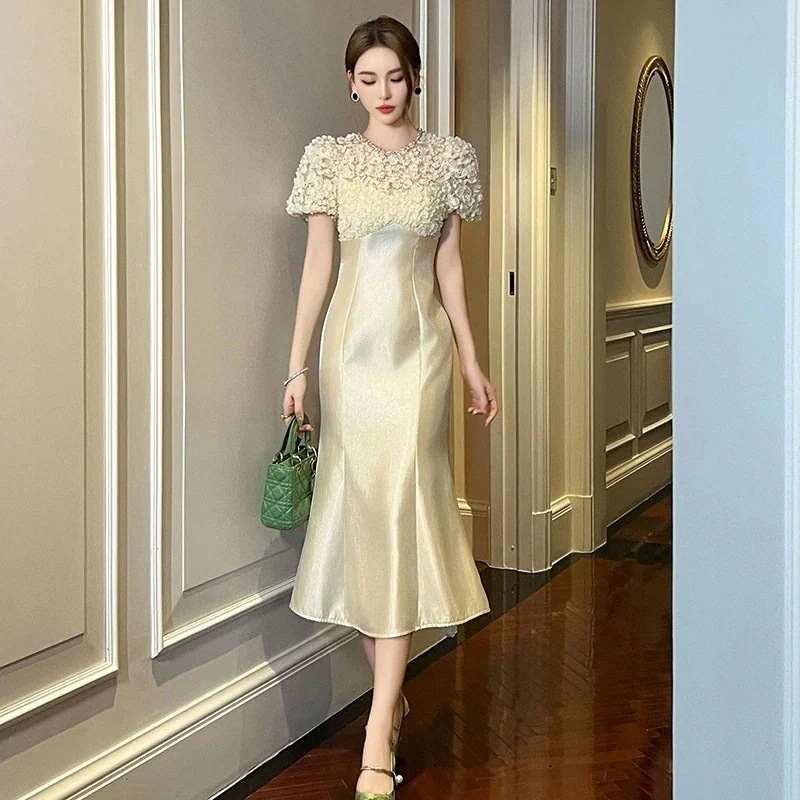 2024夏新品 花びら飾り マーメイド ワンピース ドレス パーティー キャバ 大人 同窓会 披露宴 卒業式 結婚式 演奏会 ウェディング 二次会