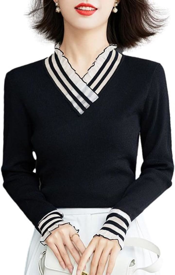 袖衿フリルリブニット シアーフリル Vネック スリムフィット ブラック JS98-BK-S(S)