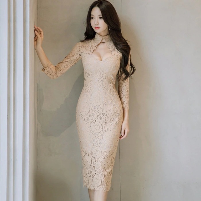 ハイネックレースワンピース ワンピース ワンピドレス 膝丈 ひざ丈 膝下 袖あり 7分袖 七分袖 ハイネック スリム タイト 細身 Iライン レース ハイウエスト 透け感 シースルー かわいい