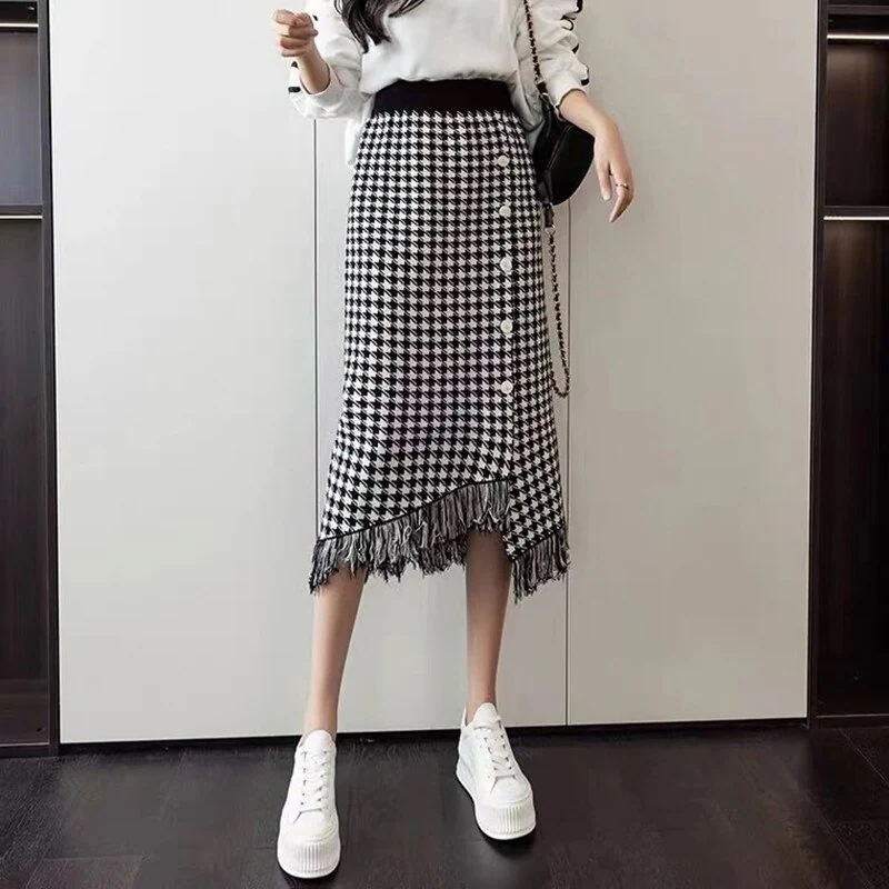 マキシスカートタイトスカート 夕イトスカ一ト 千鳥格子 ニット ハイウエスト おしゃれ タイトスカート 春夏 新作