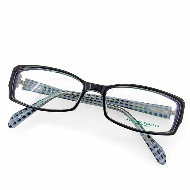 メガネ フレーム 眼鏡 スクエア型 テンプル内側チェック柄 クリア ブラック シルバー系 中古