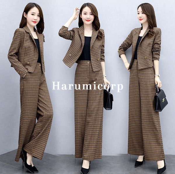 セットアップ レディース 春秋 40代 スーツ フォーマル アウター コート ジャケット ロングパンツ ワイドパンツ チェック柄 上下セット コーデ トップス ボトムス ハイウエスト 結婚式 二次会