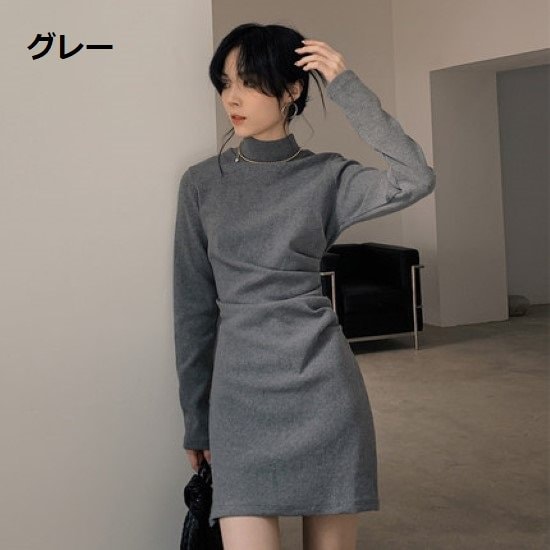 【取寄：納期2週間】ミニワンピース レディース ワンピース ミニ丈 ショート丈 長袖 ハイネック シンプル 無地 カジュアル お出掛け きれいめ プルオーバー ミニワンピ グレー ブラック