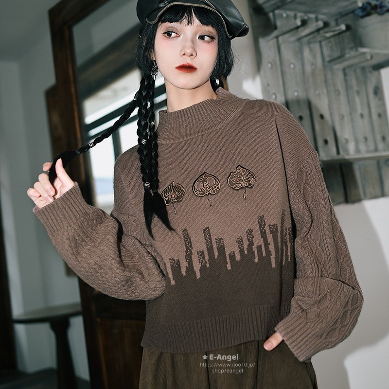 ニットセーター レディース 秋冬 厚手 落葉刺繍トップス レトロ ジャガード 暖かいブラウンセーター 長袖 個性的 デザイン性 ゆったり