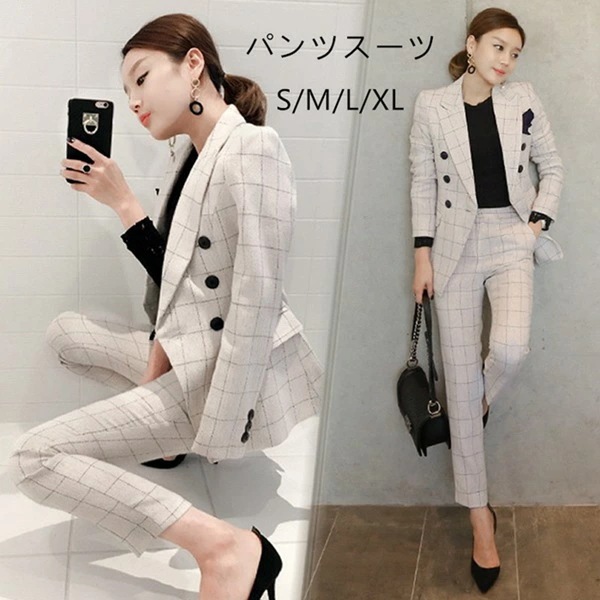 【即納】スーツ セットアップ レディース パンツスーツ 卒業式/入学式 チェック柄 レディース 結婚式 入学式 母 セレモニースーツ リクルート ストレッチ 洗える ジャケット パンツ 通勤 OL