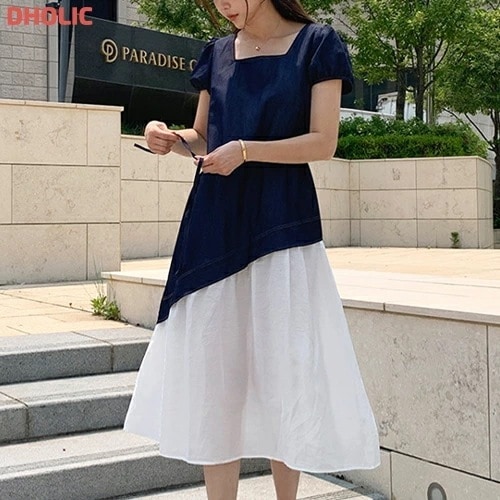 ストラップ付デニムスクエアネックパフスリーブロングフレア半袖配色ワンピース・1917021