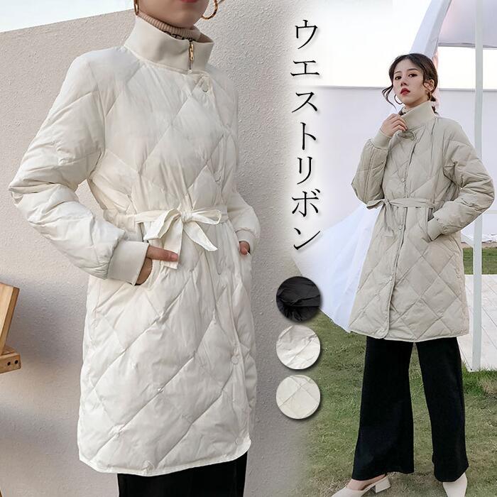 ウエストリボン ダウンコート ダウンコート レディース コート アウター ロング丈 ダウン ロングダウンコート 冬 ダウンジャケット ハイネック ドレス フォーマル デイリー 普段使い お呼ばれ ミモ