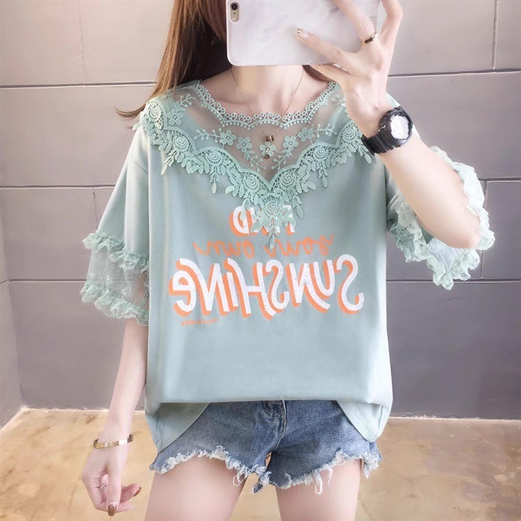 レディース トップス カットソー 5分袖 フェミニン ストリート レース 刺繍 ヴィンテージ 切り替えデザイン ドッキング かわいい 大人可愛い おしゃれ こなれ感 ラフ ガーリー ルーズ 個性的