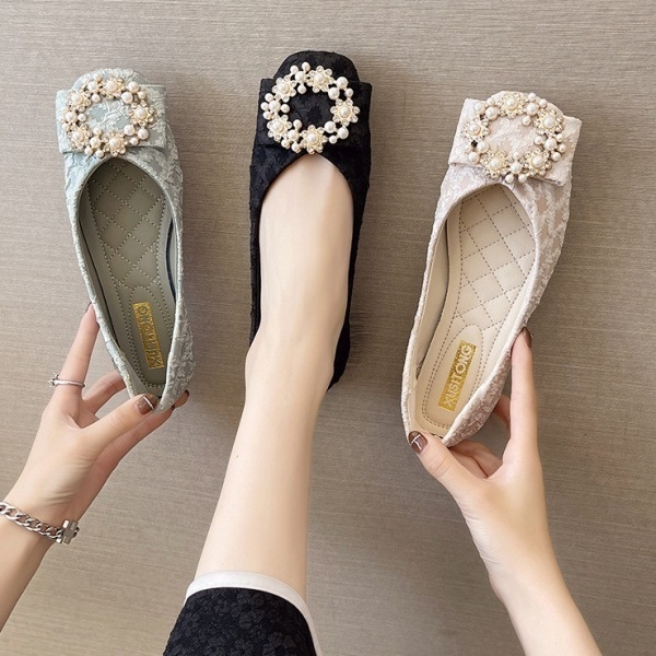 【女性大人気】 カジュアル スウィート パール付き セミスクエアトゥ フラットシューズ レディース 4,683円