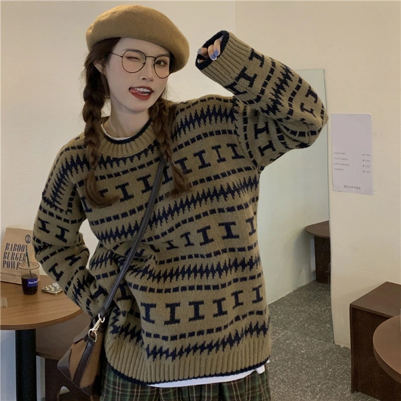 ニット トップス 長袖 レトロ カジュアル 着まわし ゆったり 大人可愛い ファッション トップス ニット セーター 秋 冬 カジュアル オーバーサイズ バイカラー リブ 幾何学模様 オルチャン