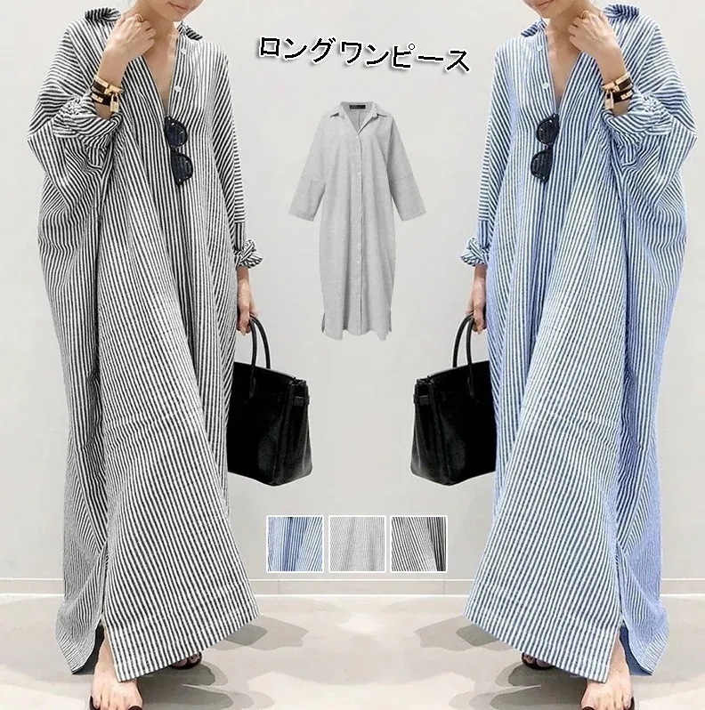 大人気！ シャツワンピース ロングワンピース コットンリネン ワンピース 大きいサイズ ゆったり ストライプ シャツワンピ