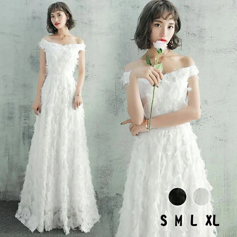 【急速出荷!】大人気 上品 黒 白 ウエディングドレス ホワイト 大きいサイズ ウエディングドレス 白 二次会 スレンダーライン 花嫁 刺繍 レース フェザーモチーフ オフショルダー 小さいサイズ