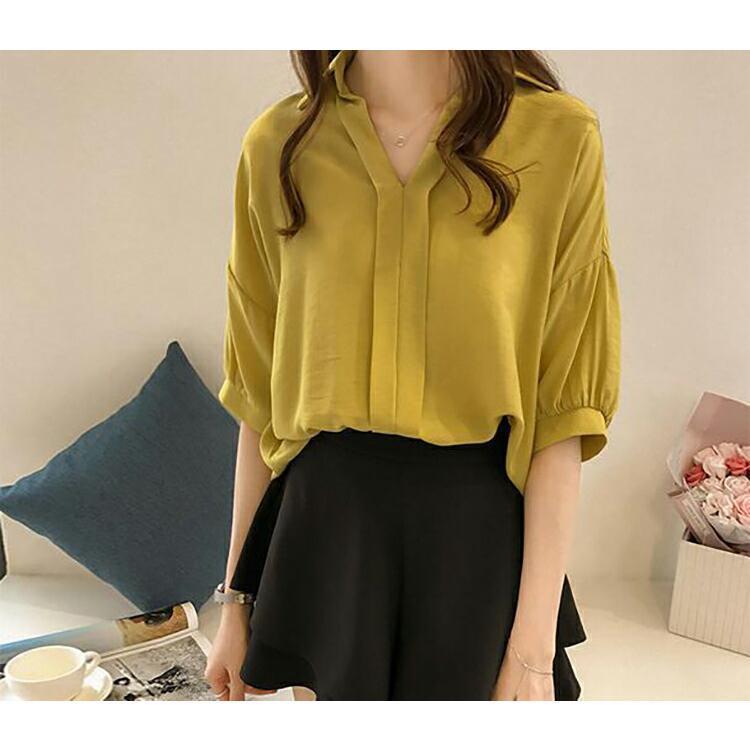 夏新作シャツ レディース 夏 半袖 韓国風 Vネック 無地 大きいサイズ オシャレ 通勤 ブラウス シャツ OL 着痩せ きれいめ 20代 30代 40代