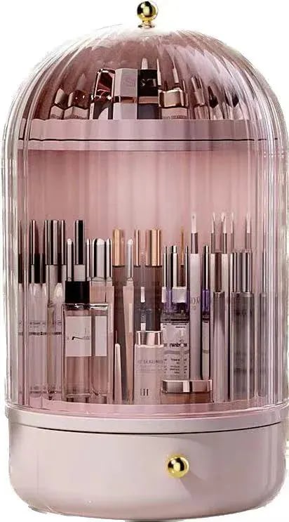 デスクトップ スキンケア用品 回転可能 クリア 収納ボックス ピンク かわいい 防塵 収納ケース